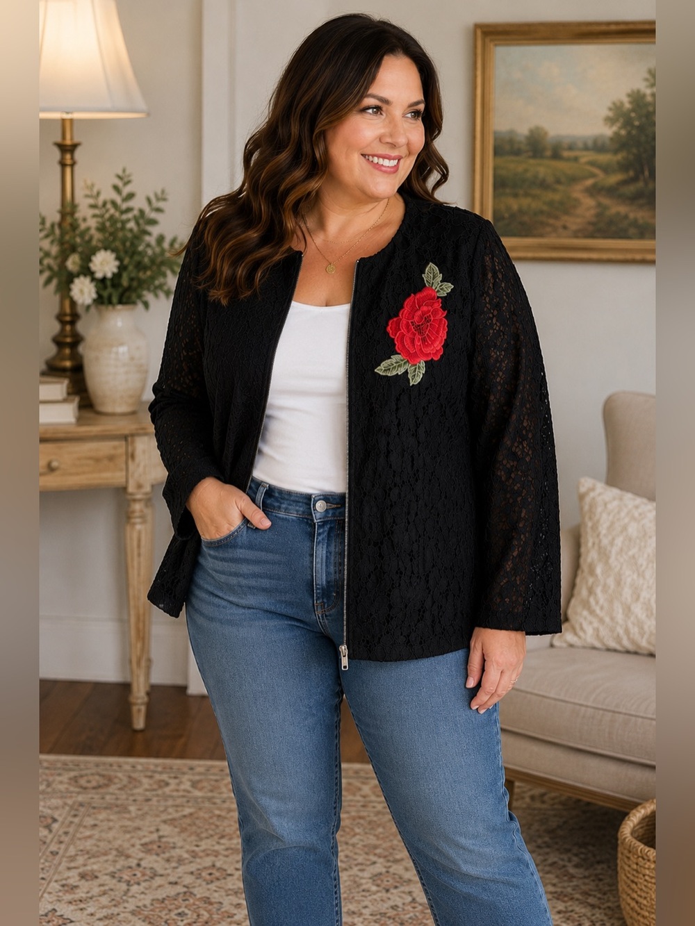 ADIVA Black Lace Zip Front Jacket 1X Floral Embroidered Rose Blazer Plus Size